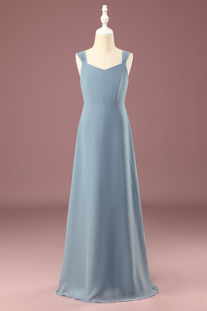 Load image into Gallery viewer, Dusty Blue Chiffon A-line V-neck Junior Bridesmaid Dress