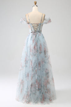 A-Line Blue Printed Cold Shoulder Long Corset Prom Dress with Slit