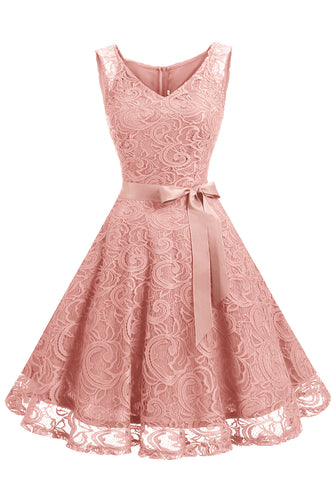 Blush V-Neck Lace Party Dress with Sash