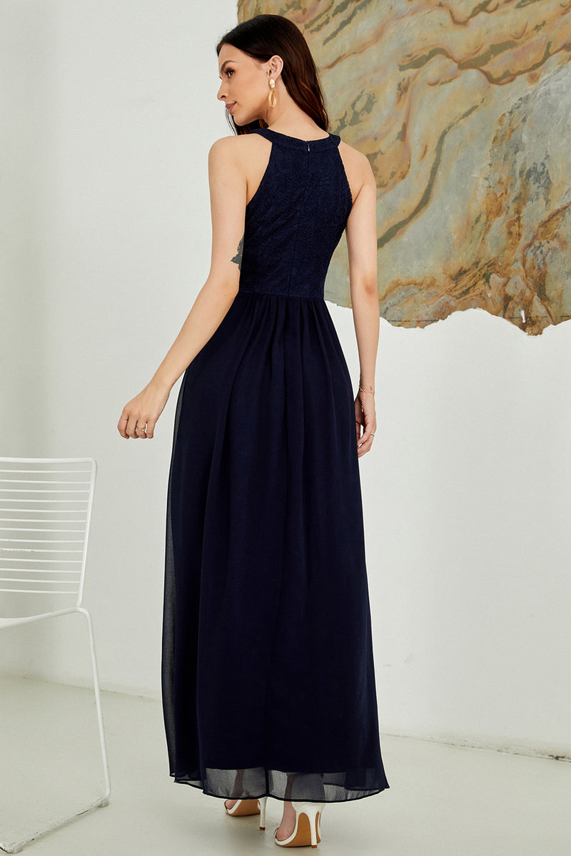 Zapaka UK Chiffon A-line Navy Lace Dress Online Shopping Halter Long ...