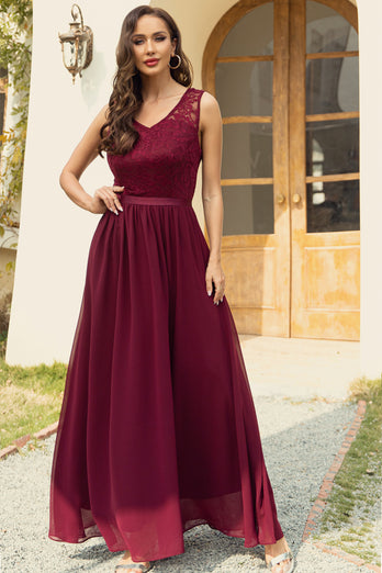A-line Burgundy Long Lace Bridesmaid Dress