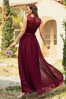 A-line Burgundy Long Lace Bridesmaid Dress