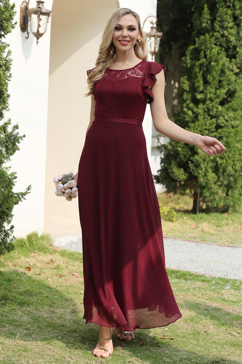 Load image into Gallery viewer, Burgundy Lace Chiffon Bridesmaid Dress