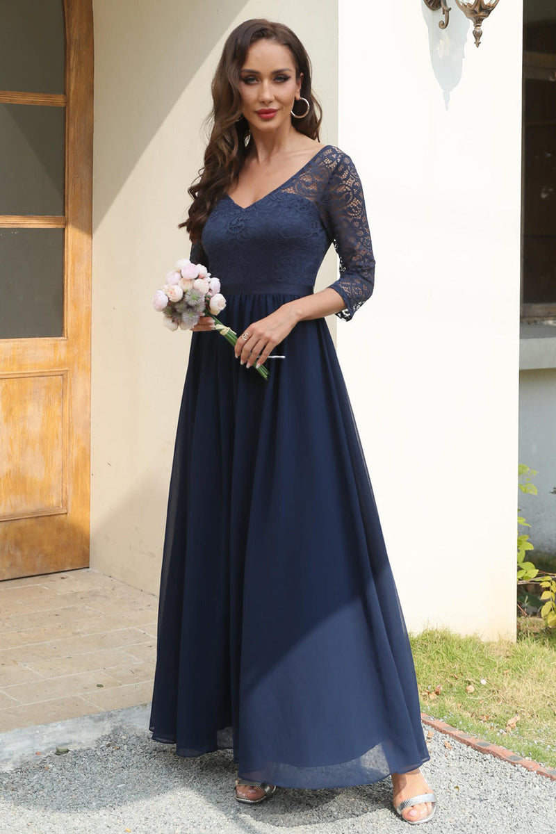 Load image into Gallery viewer, Navy Lace and Chiffon Wedding Guest Dress with Chiffon