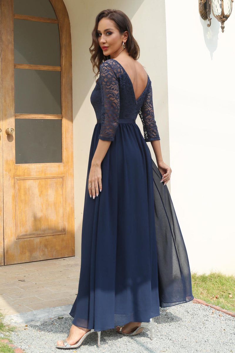 Load image into Gallery viewer, Navy Lace and Chiffon Wedding Guest Dress with Chiffon