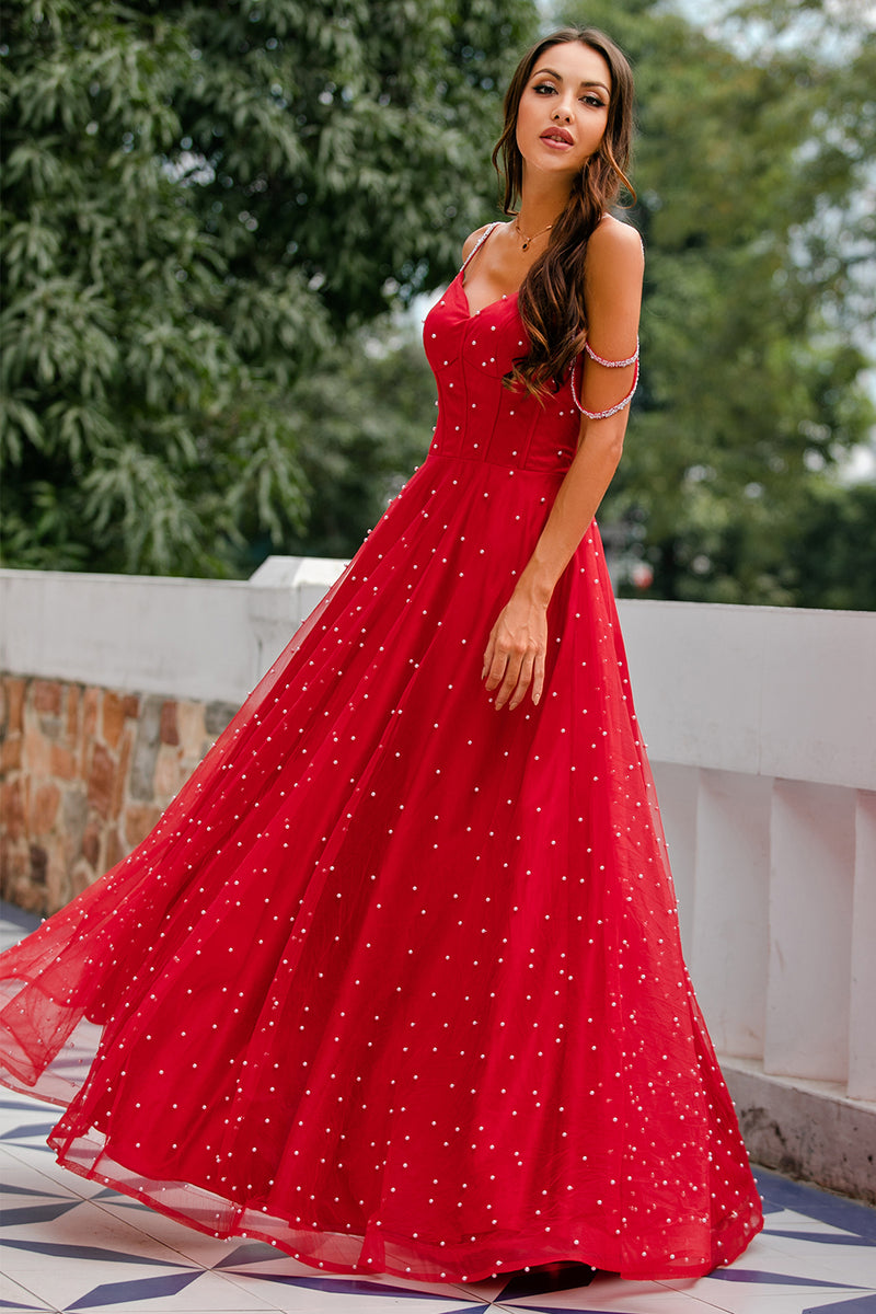 Load image into Gallery viewer, Red Beaded Long Prom Dress