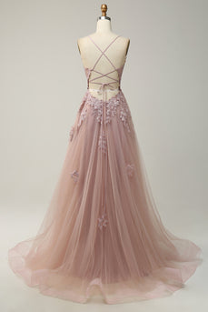 A Line Spaghetti Straps Blush Long Prom Dress with Appliques