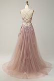 A Line Spaghetti Straps Blush Long Prom Dress with Appliques