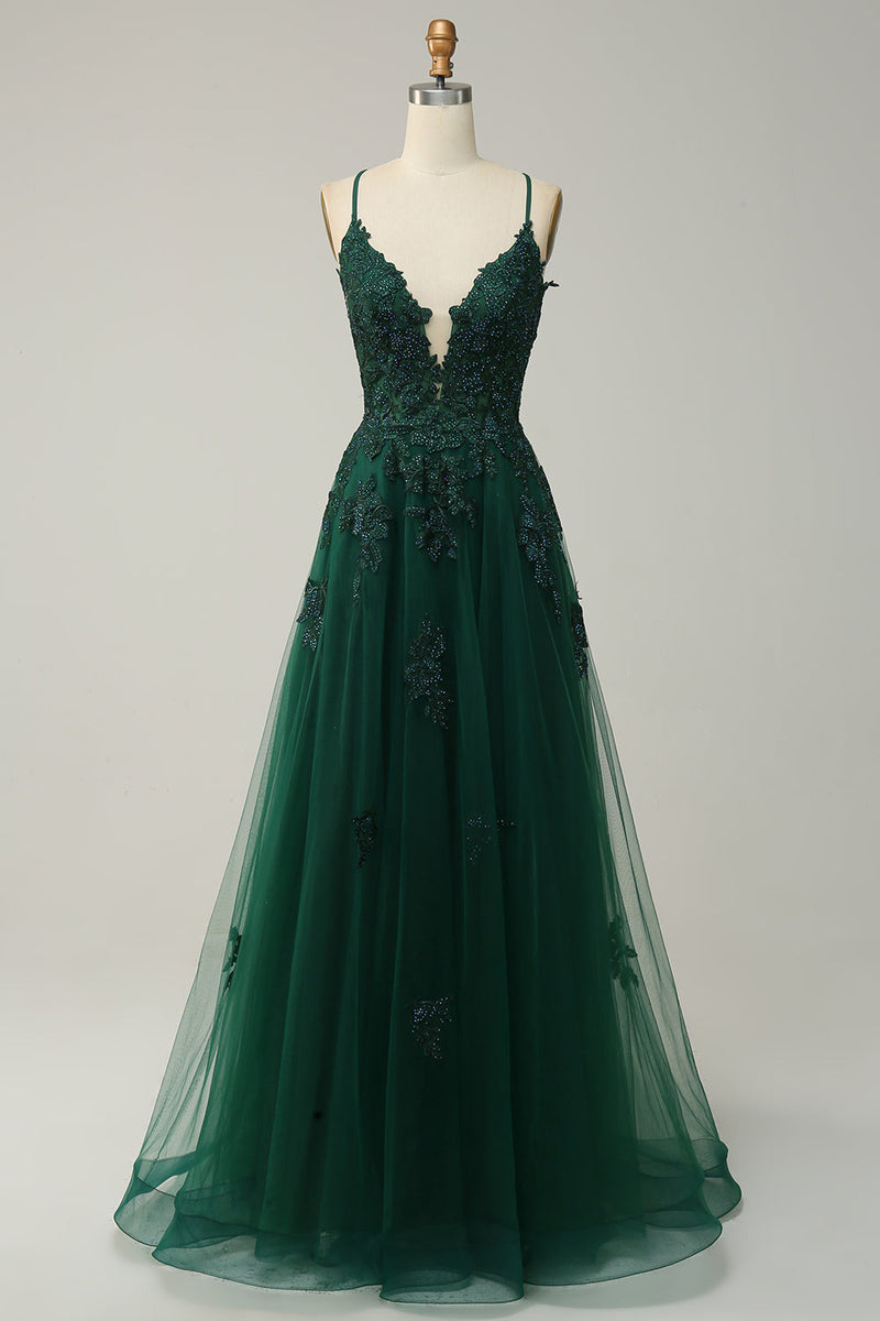 Zapaka Women Dark Green Long Prom Dress A Line Spaghetti Straps Formal