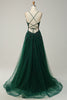 Load image into Gallery viewer, A Line Spaghetti Straps Dark Green Long Prom Dress with Criss Cross Back