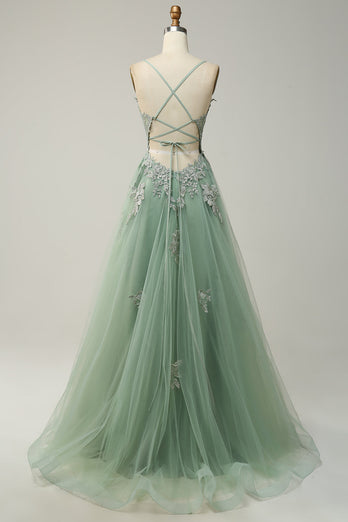 A Line Spaghetti Straps Dark Green Long Prom Dress with Criss Cross Back