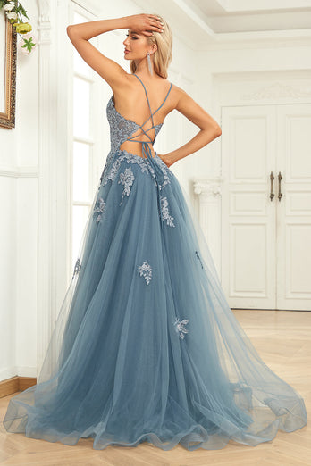 Spaghetti Straps A Line Grey Blue Long Prom Dress with Criss Cross Back