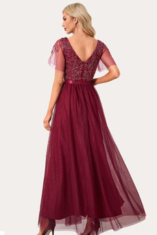 Sparkly Burgundy Beaded Long Tulle Prom Dress