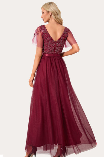 Sparkly Burgundy Beaded Long Tulle Prom Dress