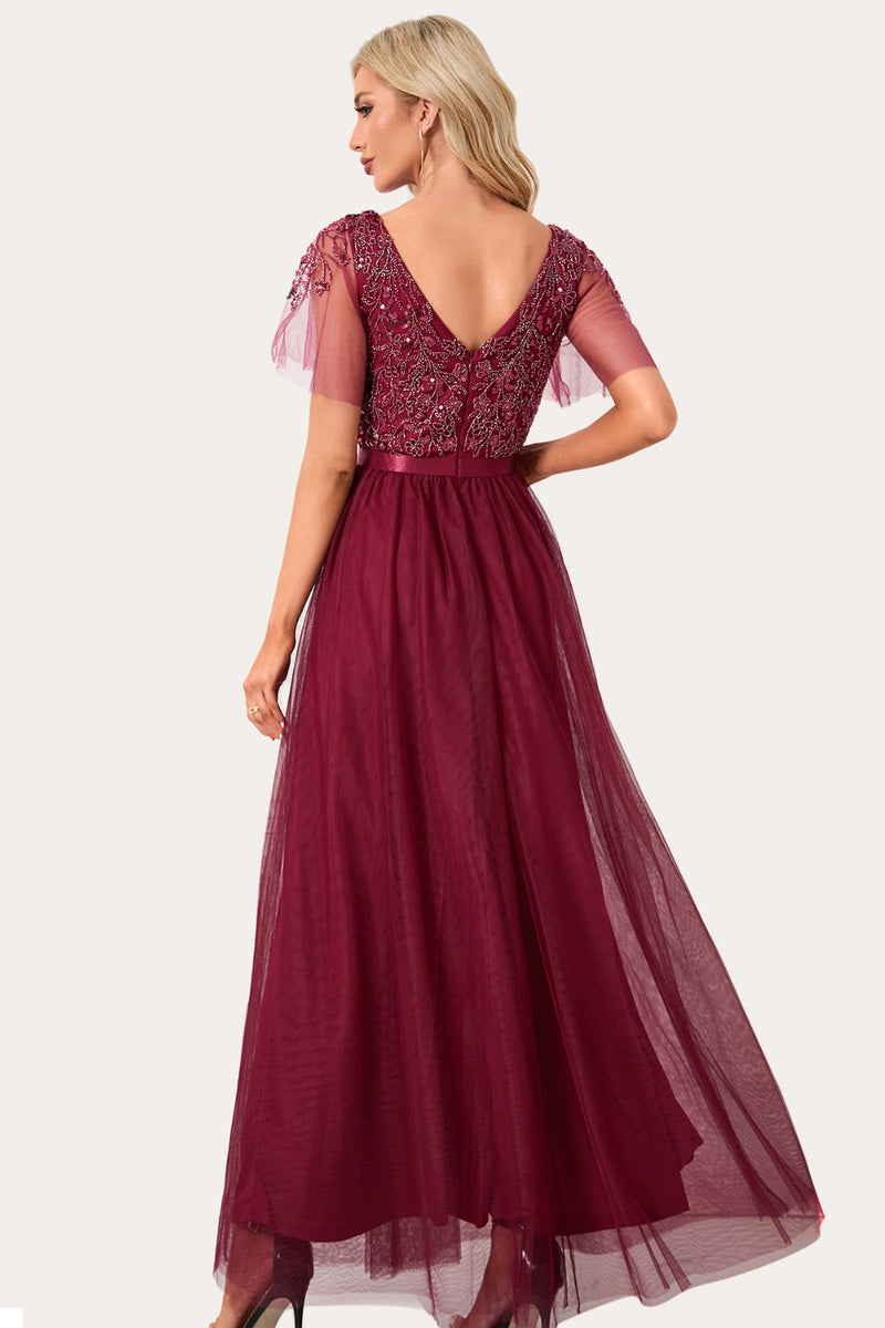 Load image into Gallery viewer, Sparkly Burgundy Beaded Long Tulle Prom Dress