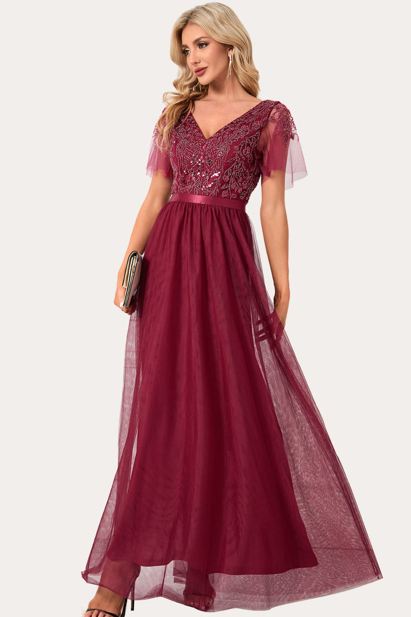 Load image into Gallery viewer, Sparkly Burgundy Beaded Long Tulle Prom Dress