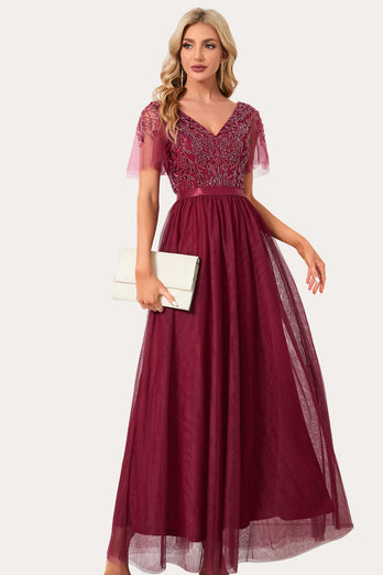 Sparkly Burgundy Beaded Long Tulle Prom Dress