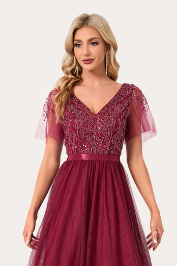 Sparkly Burgundy Beaded Long Tulle Prom Dress