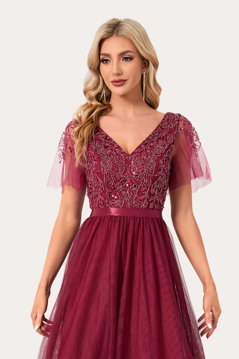 Load image into Gallery viewer, Sparkly Burgundy Beaded Long Tulle Prom Dress