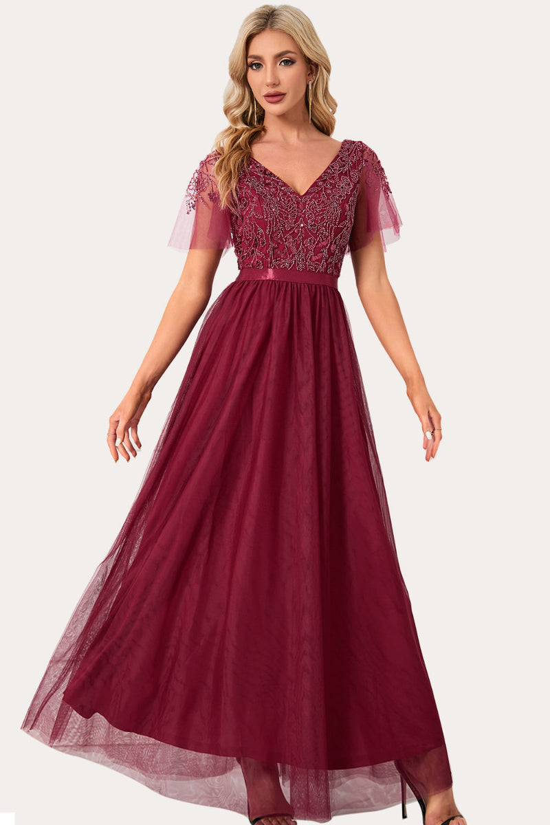 Load image into Gallery viewer, Sparkly Burgundy Beaded Long Tulle Prom Dress