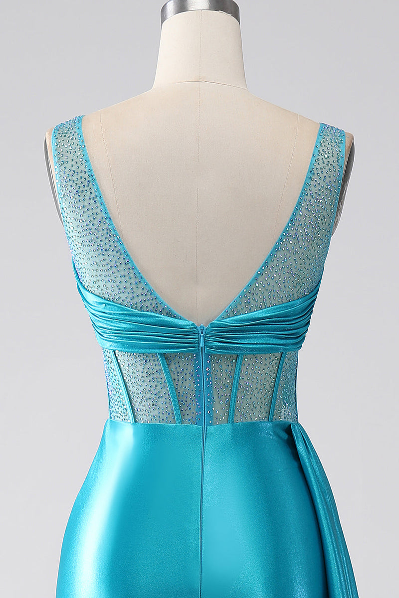 Load image into Gallery viewer, Turquoise Mermaid V-Neck Sweep Train Pleated Corset Beaded Prom Dress