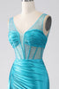 Load image into Gallery viewer, Turquoise Mermaid V-Neck Sweep Train Pleated Corset Beaded Prom Dress
