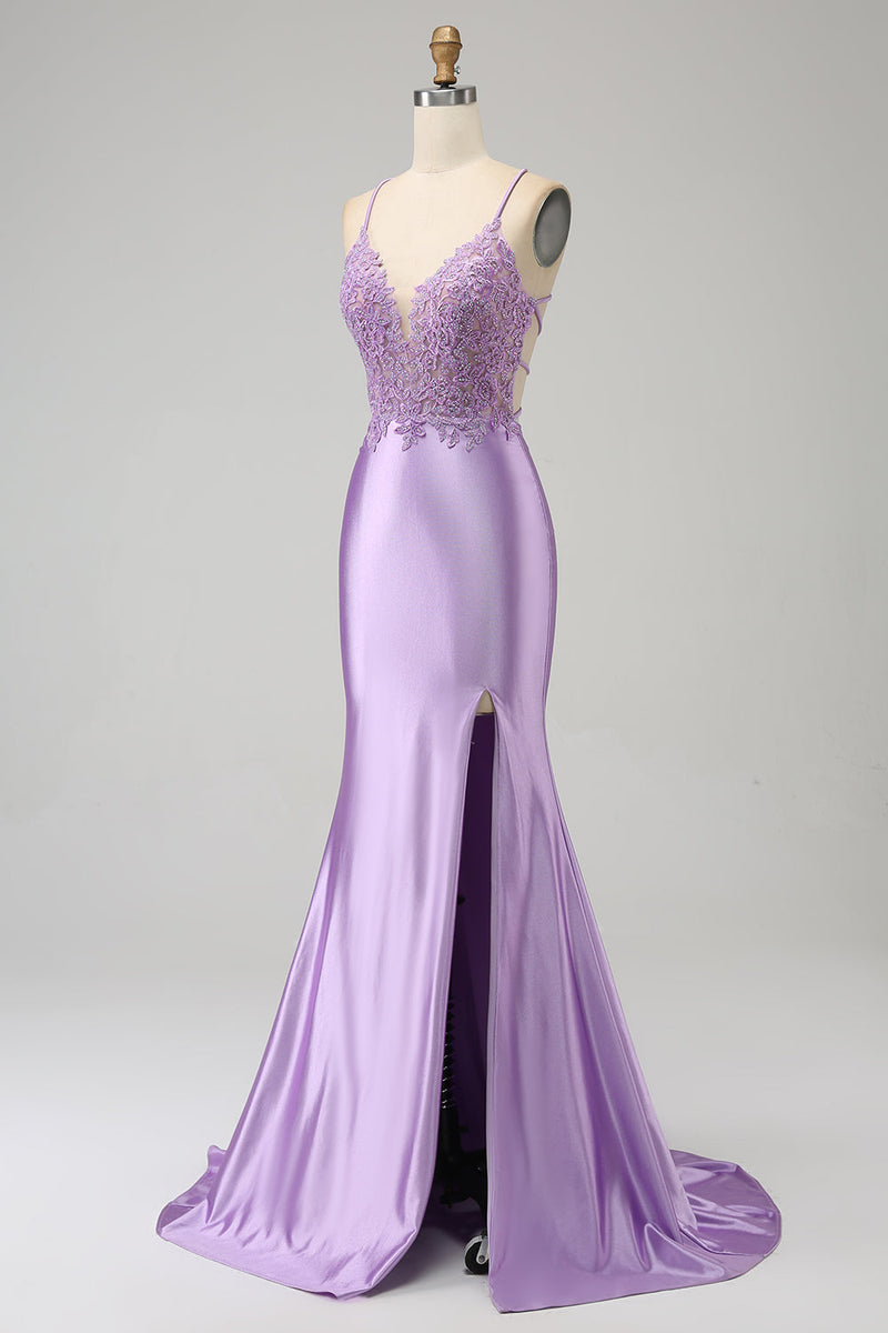 ZAPAKA Women Lilac Prom Dress Mermaid V Neck Open Back Beaded Appliques ...