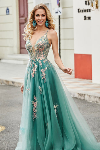 Glitter Green A-Line Spaghetti Straps Long Prom Dress With Sparkly Sequin Appliques