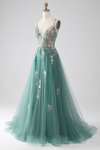 Glitter Green A-Line Spaghetti Straps Long Prom Dress With Sparkly Sequin Appliques