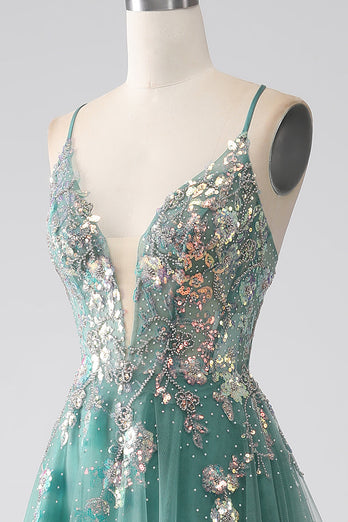 Green A-Line Spaghetti Straps Long Prom Dress With Sparkly Sequin Appliques