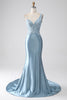 Load image into Gallery viewer, Grey Blue Mermaid Spaghetti Straps Long Beaded Prom Dress With Appliques