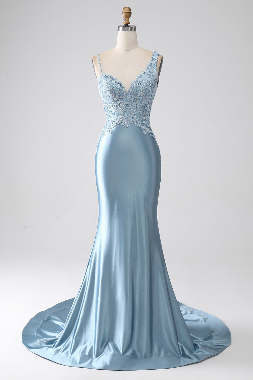 Grey Blue Mermaid Spaghetti Straps Long Beaded Prom Dress With Appliques