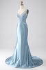 Load image into Gallery viewer, Grey Blue Mermaid Spaghetti Straps Long Beaded Prom Dress With Appliques