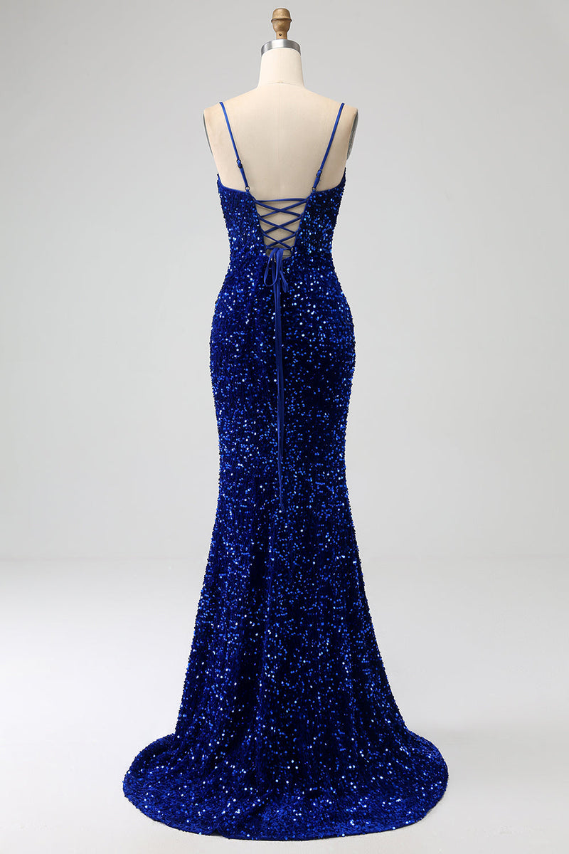 Load image into Gallery viewer, Elegant Royal Blue Mermaid Spaghetti Straps Velvet Sequin Long Prom Dress