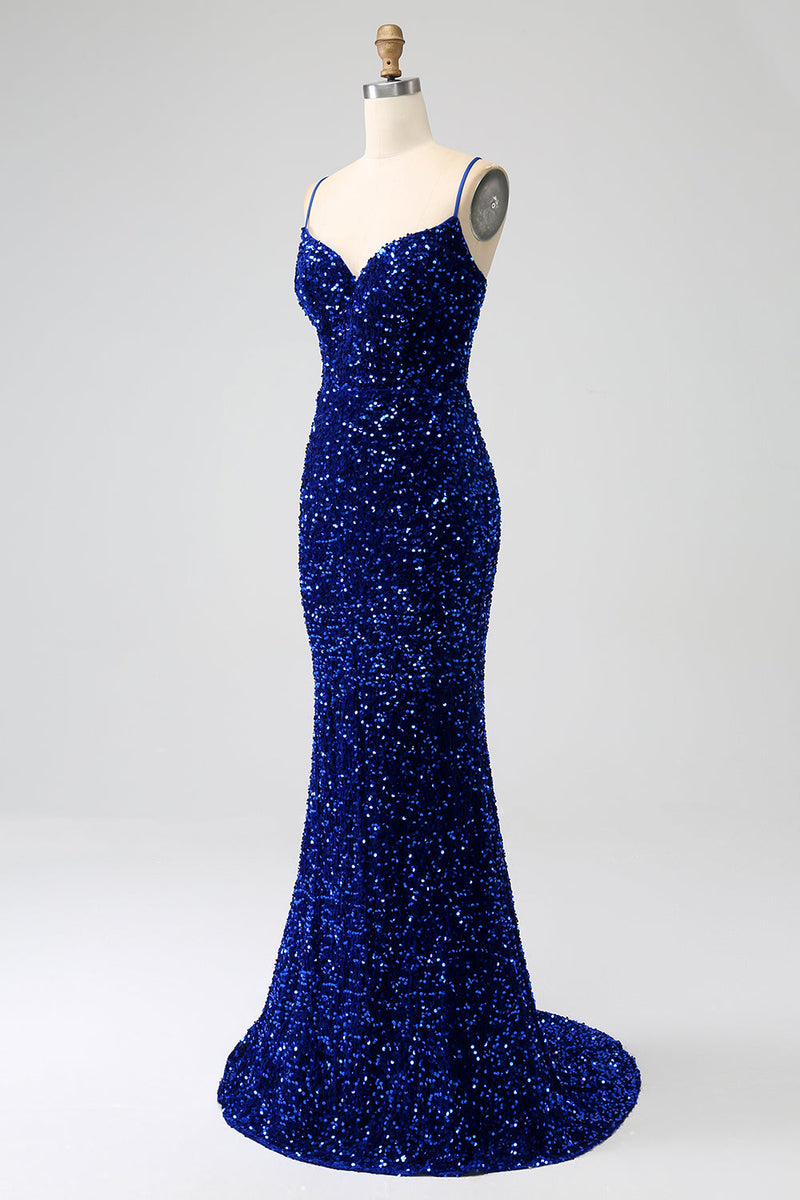 Load image into Gallery viewer, Elegant Royal Blue Mermaid Spaghetti Straps Velvet Sequin Long Prom Dress