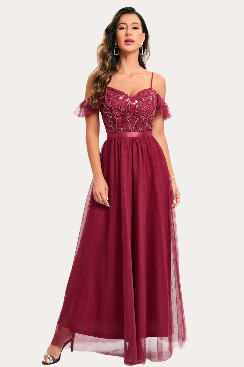 Load image into Gallery viewer, Burgundy Beaded A-Line Long Prom Dress