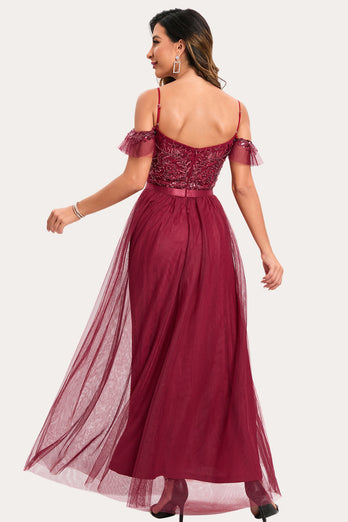 Burgundy Beaded A-Line Long Prom Dress