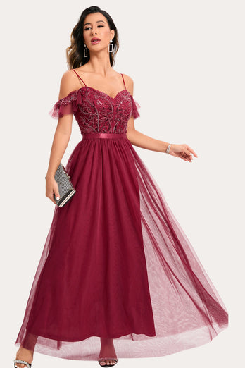 Burgundy Beaded A-Line Long Prom Dress