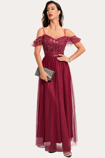 Burgundy Beaded A-Line Long Prom Dress