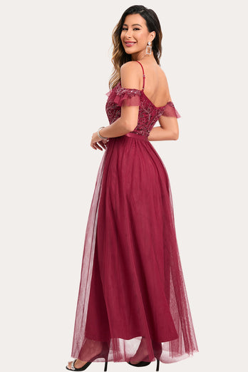 Burgundy Beaded A-Line Long Prom Dress