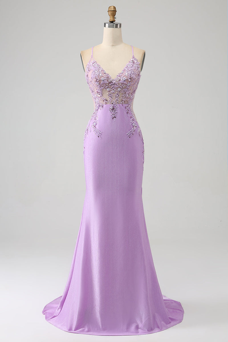 Load image into Gallery viewer, Trendy Mermaid Spaghetti Straps Lilac Long Prom Dress with Appliques Beading