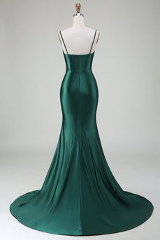 Dark Green Mermaid Spaghetti Straps Sweep Train Prom Dress
