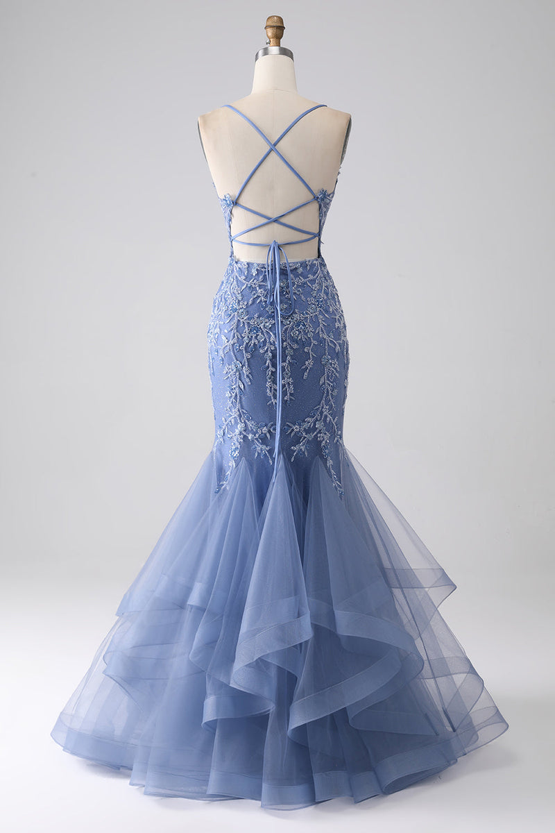 Load image into Gallery viewer, Mermaid Spaghetti Strap Beaded Backless Grey Blue Prom Dress With Appliques