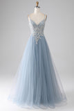 Grey Blue Tulle A Line Spaghetti Straps Sparkly Sequin Long Prom Dress
