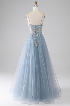 Grey Blue Tulle A Line Spaghetti Straps Sparkly Sequin Long Prom Dress