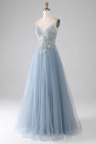 Grey Blue Tulle A Line Spaghetti Straps Sparkly Sequin Long Prom Dress