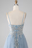 Load image into Gallery viewer, Grey Blue Tulle A Line Spaghetti Straps Sparkly Sequin Long Prom Dress