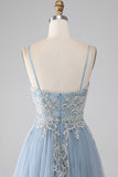 Grey Blue Tulle A Line Spaghetti Straps Sparkly Sequin Long Prom Dress
