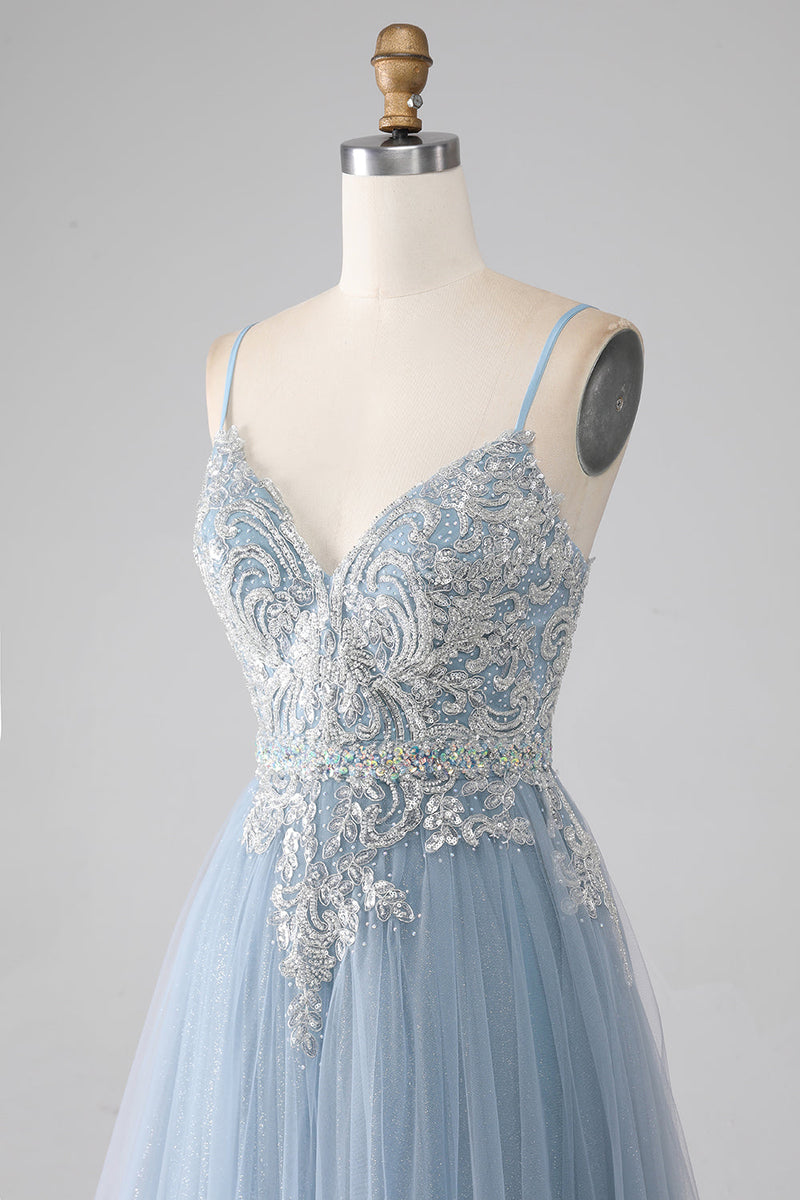 Load image into Gallery viewer, Grey Blue Tulle A Line Spaghetti Straps Sparkly Sequin Long Prom Dress