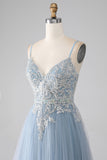 Grey Blue Tulle A Line Spaghetti Straps Sparkly Sequin Long Prom Dress